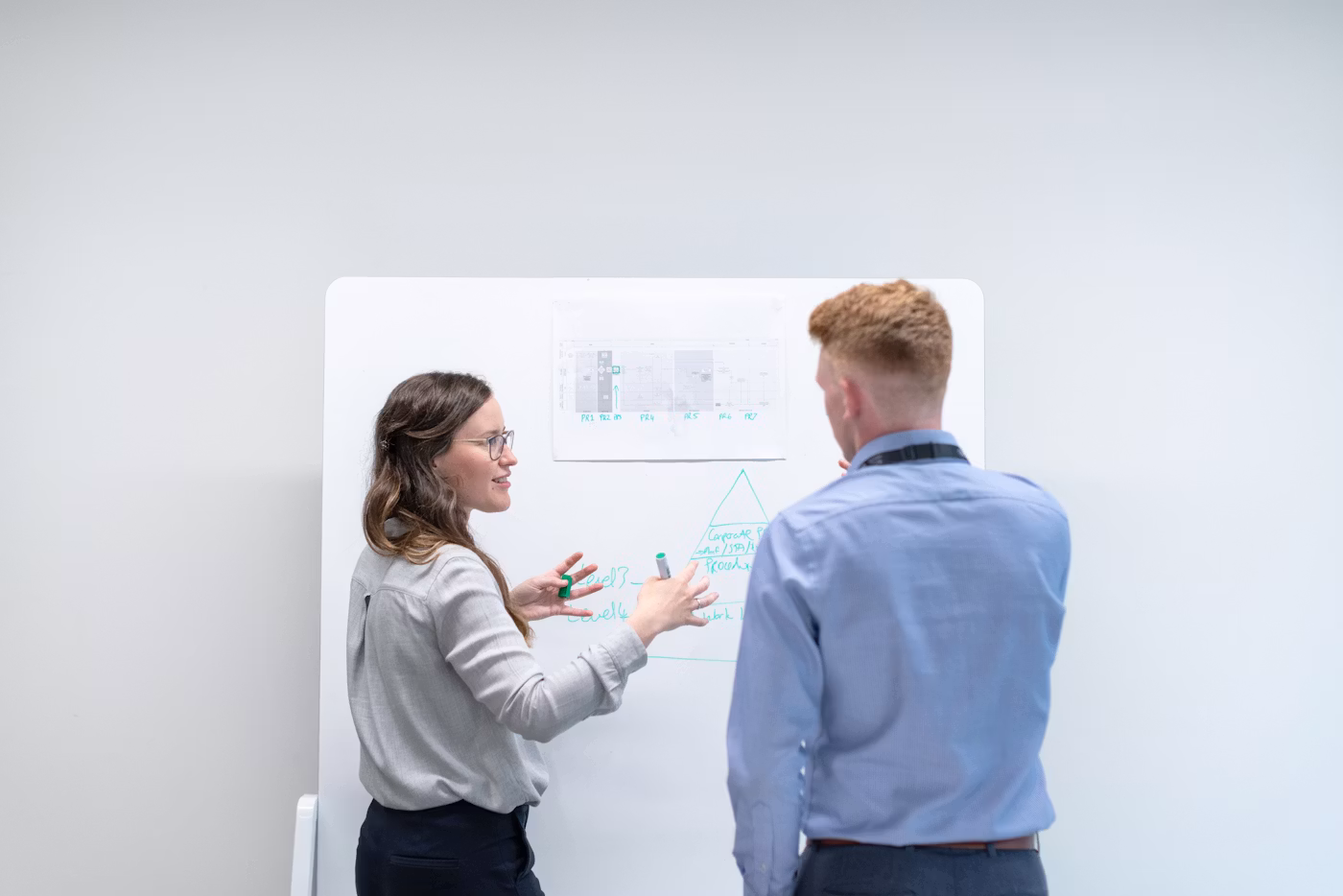 Two colleagues discussing notes on a whiteboard in an office.